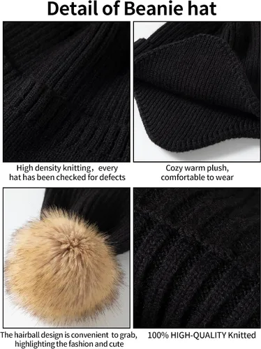 Vista 3 de Gorros de invierno para mujer Gorros de invierno para mujer con pompón de piel sintética, gorro de punto cálido, gorro grueso