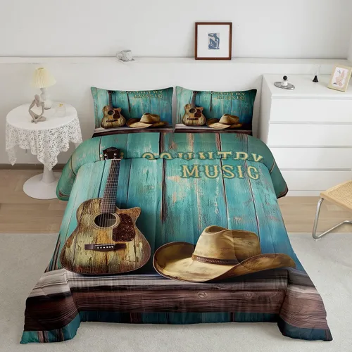 Vista 11 de Castle Fairy Juego de edredón de botas de vaquero, tamaño individual, juego de ropa de cama bohemio con guitarra musical para niños y niños