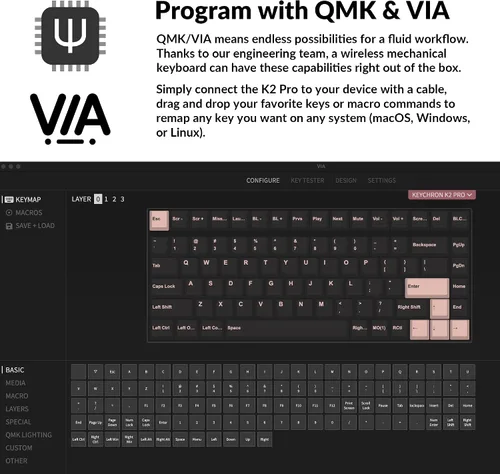 Vista 2 de Keychron K2 Pro QMKVIA Teclado mecánico inalámbrico, interruptor K Pro marrón intercambiable en caliente con 75% de diseño macro programable
