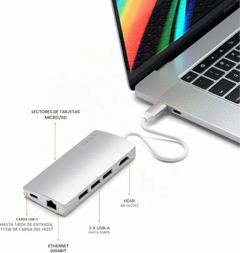 Vista 5 de Satechi Adaptador multipuerto USB C Hub 8 en 1 V2, 4K HDMI, carga USB C PD de 115 W, 3 USB-A, Ethernet, lectores de tarjetas Micro/SD, para laptop