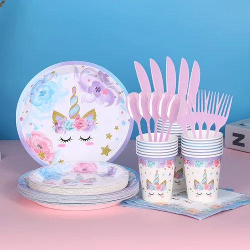 Vista 7 de Decoraciones de fiesta de cumpleaños de unicornio, platos de unicornio arcoíris y servilletas para niñas, decoración de cumpleaños, tarde, té