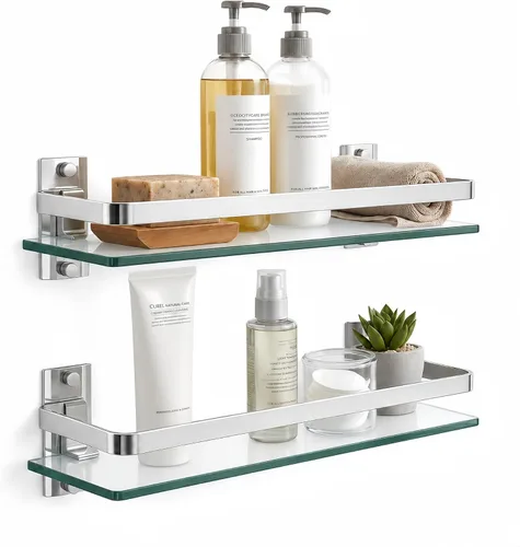 Vista 11 de AIJALY Paquete de 2 estantes de vidrio para baño, 15.7 pulgadas, estante de vidrio negro para ducha de baño, montado en la pared, estante de cocina