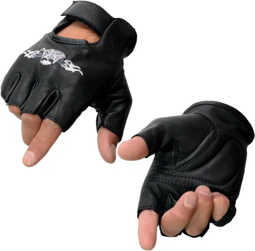 Vista 5 de Guantes Milwaukee Leather para hombre sin dedos para motocicleta Comodidad acolchada; alivio de vibración; bordado de llama