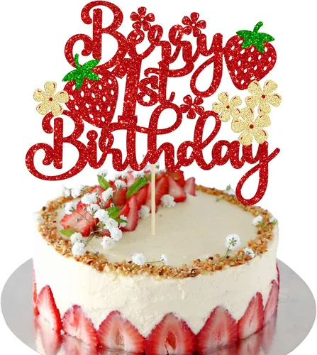 Vista 11 de 1 paquete de decoración de pastel de fresa con purpurina para temática de frutas, baby shower, fiesta de cumpleaños de niños, suministros