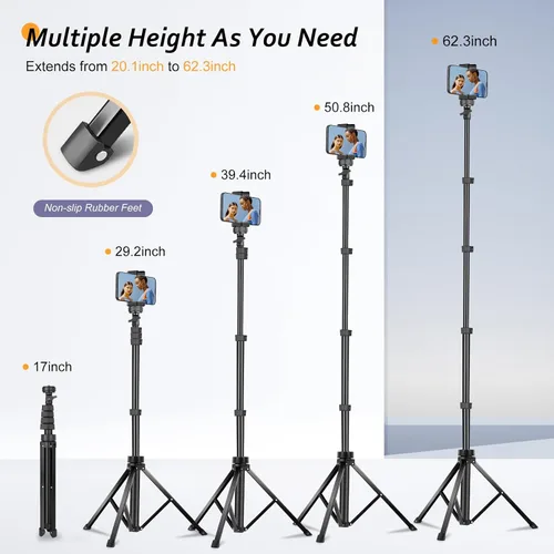Vista 4 de Aureday Kit de accesorios para trípode de teléfono de 62", soporte de trípode para cámara y teléfono celular con control remoto inalámbrico