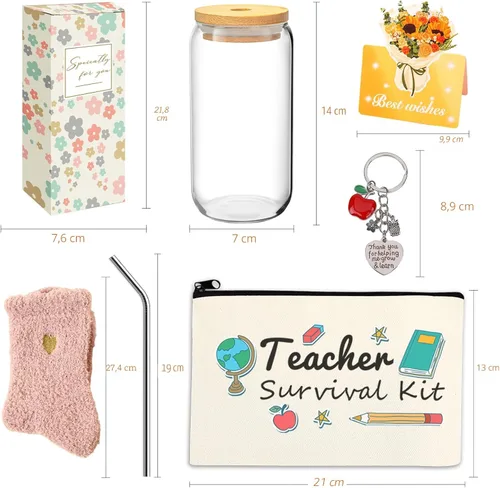 Vista 6 de 8 PCS Mejor Juego de Regalo para Profesoras 16oz Vaso de Café de Vidrio con Tapa y Pajita, Calcetines Acolchados, Bolsa de Regalo, Llavero y Tarjeta