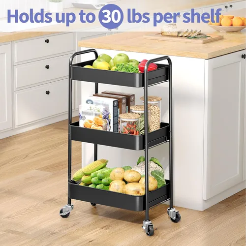 Vista 2 de TOOLF Carrito de metal de 3 niveles con ruedas, carrito organizador de almacenamiento para cocina, baño, oficina, artículos esenciales para bebés