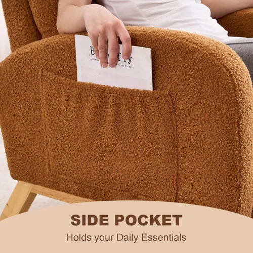 Vista 5 de Mecedora con reposapiés para cuarto de bebé, silla mecedora tapizada de peluche con bolsillo lateral, patas de madera maciza, respaldo alto