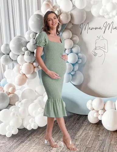 Vista 5 de Vestido de maternidad de verano a media pierna, manga corta abombada, cuello cuadrado, dobladillo con volantes, vestido de sirena para baby shower