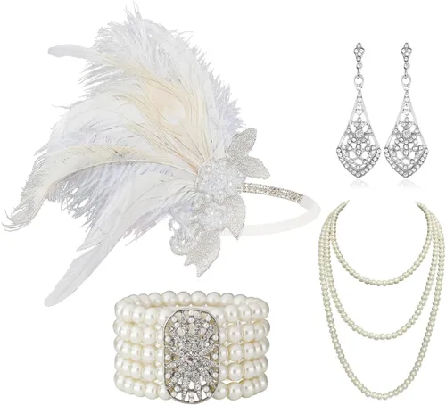 Vista 24 de Cizoe (aa) - Juego de accesorios de estilo Gatsby de la década de 1920, para mujer, diadema de estilo flapper, tocado, collar, guantes