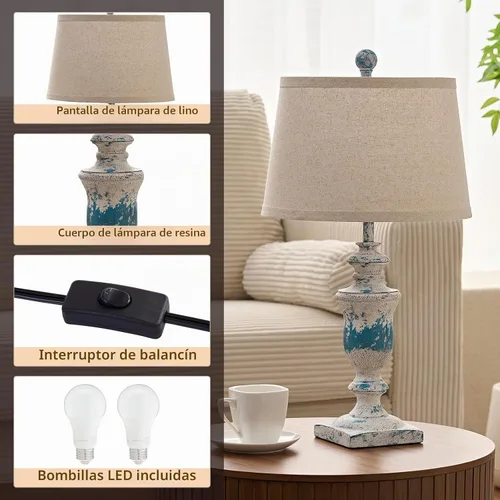 Vista 5 de SAIWEYA Juego de 2 lámparas de mesa de granja de 23 pulgadas, lámparas regulables de 3 vías con 2 bombillas LED e interruptor basculante, lámpara