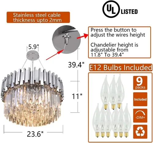 Vista 4 de Lámpara de araña de cristal moderna, luces colgantes cromadas, lámparas de techo con pantalla de acero inoxidable, para isla, comedor, sala
