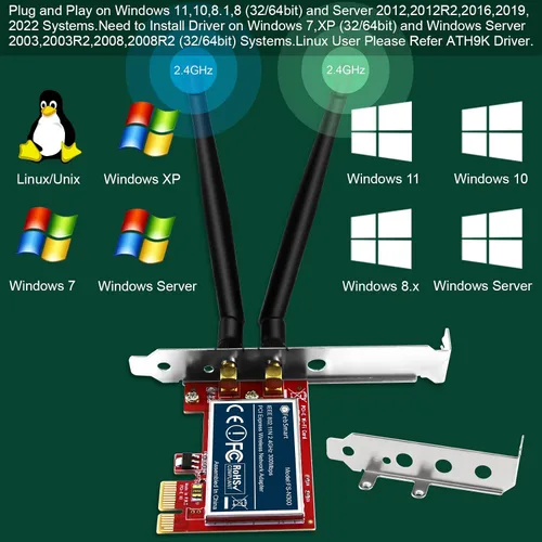 Vista 11 de Adaptador de red inalámbrico N 2.4GHz 300Mbps PCIE para Windows 11, 10, 8.1, 8, 7, XP (32/64bit), Windows Server y Linux PCs, tarjeta WiFi PCIE