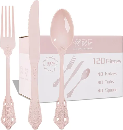 Vista 12 de WDF 100 cucharas de plástico plateadas desechables, cubiertos de plata barrocos de 6.93 pulgadas para pastel de postre, cucharas de plástico