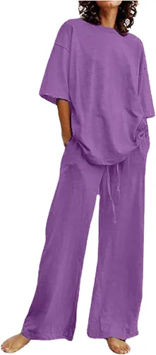 Vista 35 de Conjuntos de verano de 2 piezas para mujer, conjuntos elegantes y casuales de color liso, para verano, otoño, cuello redondo, tops y pantalones