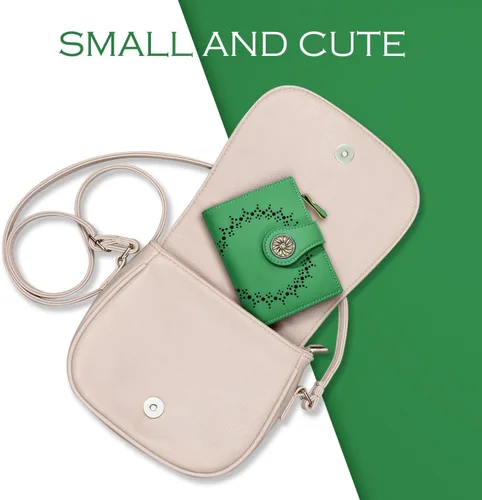 Vista 3 de Tipmile Billeteras pequeñas de cuero para mujer, con 2 ventanas de identificación, con bloqueo RFID, tarjetero con cremallera y bolsillo para Verde