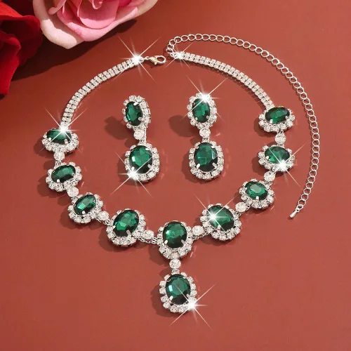 Vista 5 de Missgrace Juego de collar y aretes de diamantes de imitación vintage bohemios brillantes para novia, verde, negro, rojo, collar y aretes para baile