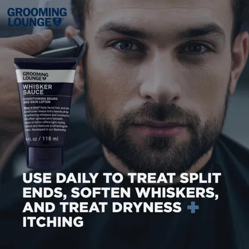 Vista 7 de Grooming Lounge Acondicionador de barba Whisker Sauce – Loción acondicionador para barba y piel – Elimina la picazón y la descamación – Permite