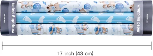 Vista 3 de WRAPAHOLIC Papel de regalo de oso para baby shower, mini rollo, 3 rollos, 17 x 120 pulgadas, diseño de oso de aventura en avión y fiesta para baby