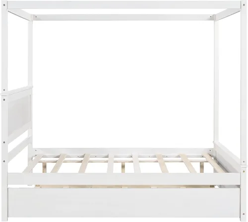 Vista 7 de Harper & Bright Designs Cama con dosel de tamaño matrimonial con cama nido, plataforma de madera con dosel con listones de soporte, cama de piso