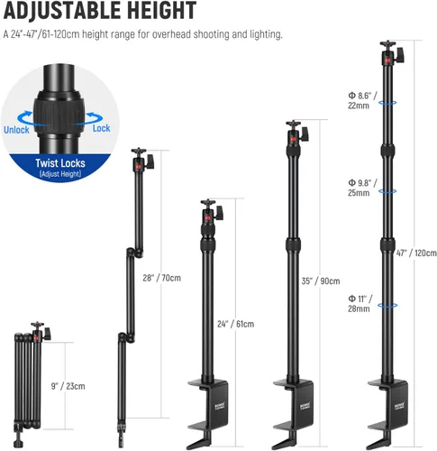 Vista 2 de NEEWER Kit de Soporte de Cámara Mejorado con Brazo de Boom Telescópico de Tres Pliegues (Carga Máxima 2lb), Soporte de Escritorio Telescópico