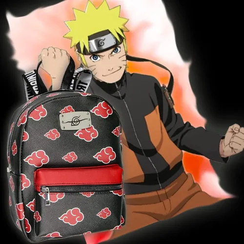 Vista 5 de Naruto Akatsuki Sasuke Red Cloud Anti Leaf Faux Saffiano - Mini mochila de piel sintética Negro - Mini mochila