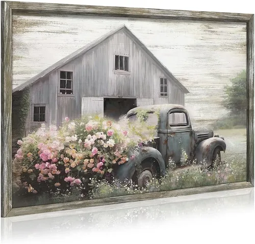 Vista 7 de Arte de pared de madera enmarcada de granja: arte de camión viejo rústico pintura de madera de granero para dormitorio