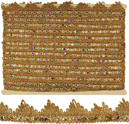 Vista 15 de Cinta larga de 14 yardas de ancho, 1.378 in/1.37 pulgadas, color oro azul con lentejuelas doradas, adorno de encaje decorado para manualidades, tela
