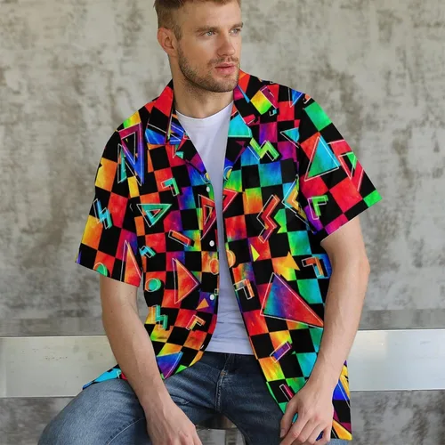 Vista 3 de QINGXUN Camisas de los años 80 para hombre, camisa con botones de los años 90, camisa retro hawaiana para playa, camisas de discoteca vintage