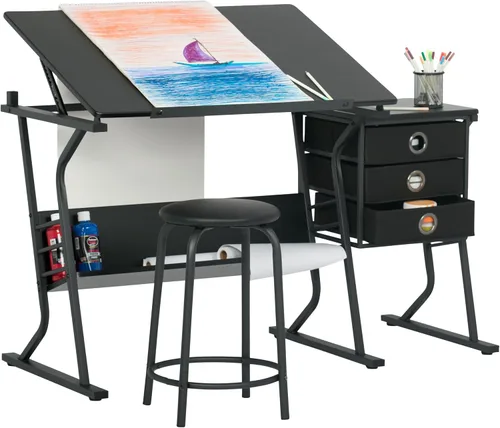 Vista 7 de Eclipse Ultra - Mesa de dibujo con taburete, parte superior ajustable en ángulo, estantes de almacenamiento y cajones de 2 piezas