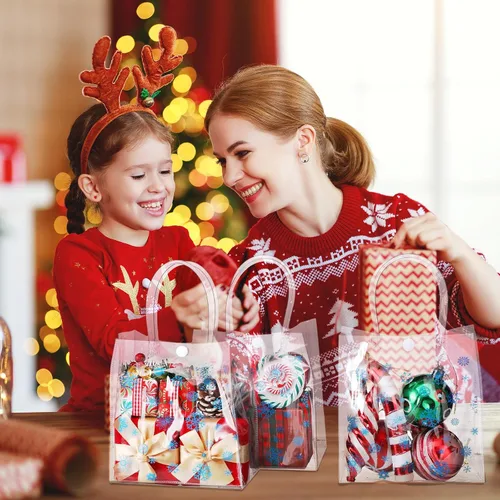 Vista 4 de Yeaqee 36 Piezas Bolsas de Regalo Transparentes de Copo de Nieve de Navidad con Asas Bolsas de Plástico a Granel para Dulces Bolsas Reutilizables