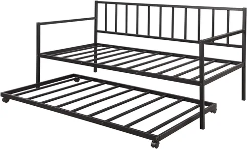 Vista 4 de Daybed with a Trundle Twin, Steel Bed Frame Twin with Headboard Footboard Metal Slats No Box Spring Needed Heavy Duty Space Saving Design-Black for
