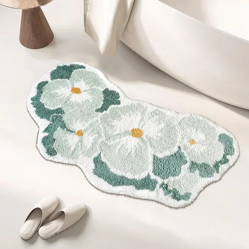 Vista 4 de Alfombra de baño curvada en forma de flor verde, de 40 x 19 pulgadas, antideslizante, absorbente de agua, bonita alfombra floral para tina, alfombra