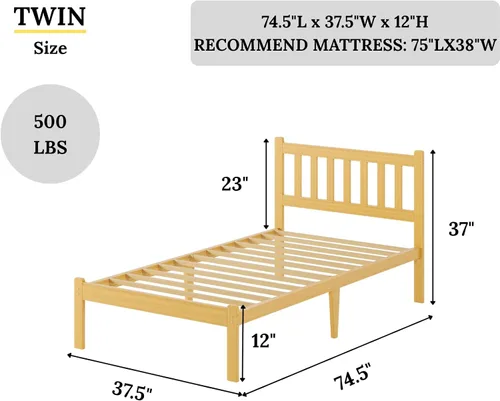 Vista 2 de Askeld Base de cama individual de madera con cabecero, plataforma de bambú sólido de 12 pulgadas de alto, no necesita somier, marco de cama