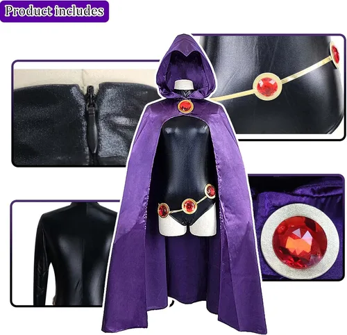 Vista 6 de TeenTitans-Raven - Disfraz de cosplay de lujo, con capa morada, uniforme de Halloween, disfraz de cosplay para mujer