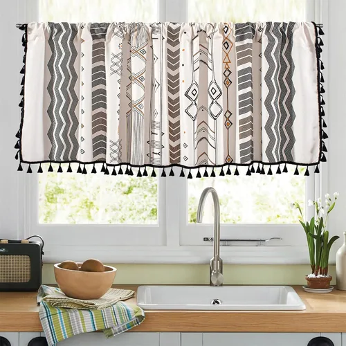 Vista 13 de RYNGHIPY Cenefa de cortina de crochet para ventana de cocina, cortinas de macramé desgastadas con borlas, tratamiento de ventana de encaje