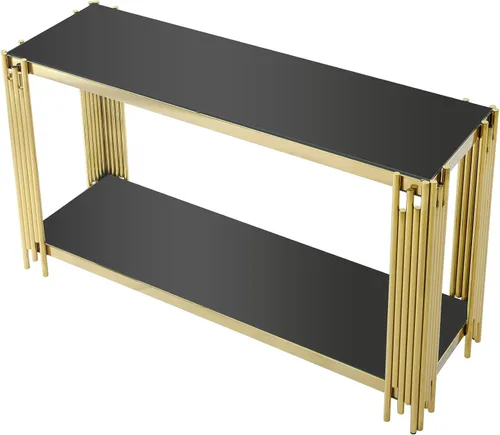 Vista 4 de Mesa consola moderna de cristal, mesa de sofá dorada de 55 pulgadas con marco de metal resistente y parte superior de vidrio templado negro