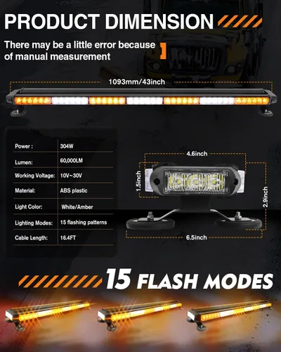 Vista 5 de CO LIGHT Barra de luz estroboscópica LED de 43 pulgadas, 108 chips de alta luz, intensidad intermitente de doble cara, luz estroboscópica