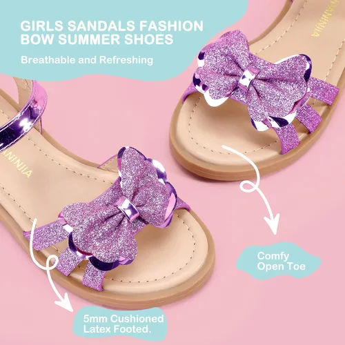 Vista 4 de PANDANINJIA Sandalias para niñas, puntera abierta, bonitos zapatos planos de princesa para niñas, zapatos de vestir brillantes de verano para bebés