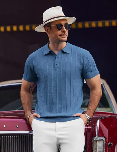 Vista 95 de COOFANDY Camisas polo de punto para hombre de manga corta con textura acanalada Camisas de golf casuales y ligeras con cuello Camiseta de polo