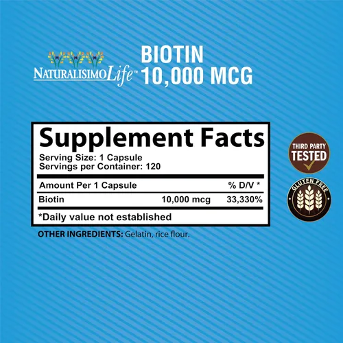 Vista 2 de Biotina 10,000 mcg de alta potencia - Cabello natural, piel, uñas y metabolismo 120 cápsulas