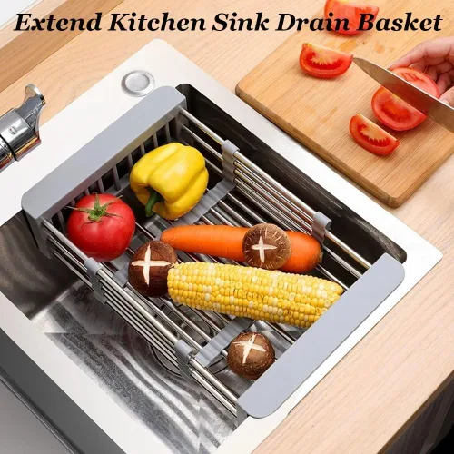 Vista 2 de Extend - Cesta de drenaje para fregadero de cocina, estante retráctil de acero inoxidable con pluma ajustable, cesta extensora multifuncional