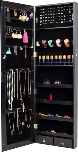 Vista 3 de Mind Reader - Armario de joyería con cierre delgado montado en puerta forro de terciopelo almacenamiento para collares relojes accesorios espejo