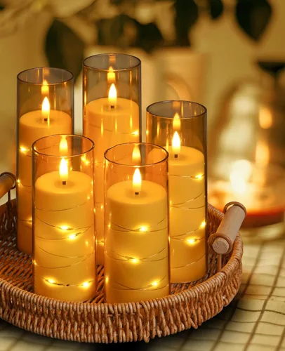 Vista 7 de ACROSS Velas de ámbar sin llama con tira de luces, funciona con pilas, velas LED de pilar de 5, 6, 7, 8 pulgadas, con control remoto, juego de 12