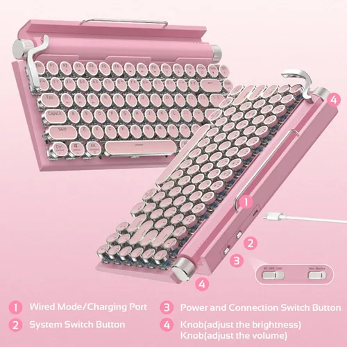 Vista 5 de Acogedor Teclado de máquina de escribir retro, vintage con interruptores azules, teclado mecánico multidispositivo para juegos, Android, iOS