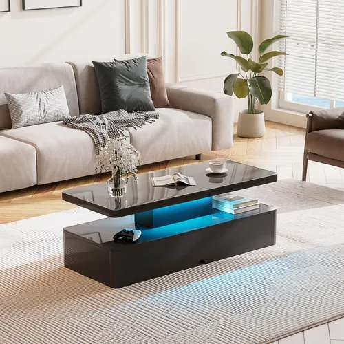 Vista 6 de MXV - Mesa de café moderna, mesas de café de 40 pulgadas con luces LED de 16 colores, mesa central rectangular de 2 niveles, gran espacio de 40