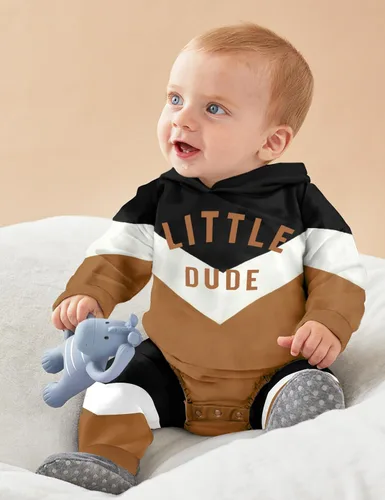 Vista 2 de Ropa para bebé niño, bloque de color, sudadera con capucha de gran tamaño, mameluco, pantalones largos, conjunto de trajes de otoño e invierno