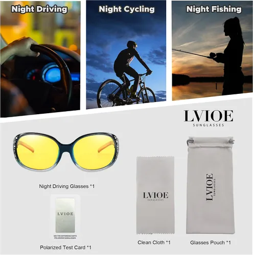 Vista 22 de LVIOE Gafas de conducción de visión nocturna envolventes antirreflejos con lente amarilla polarizada para mujer
