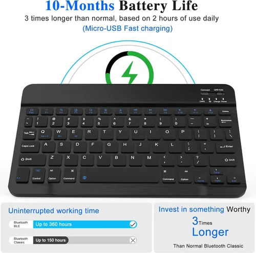 Vista 13 de Combo de teclado y mouse Bluetooth, diseño QWERTY, teclado inalámbrico ultradelgado de 10 pulgadas, sin retrasos, teclado silencioso compatible