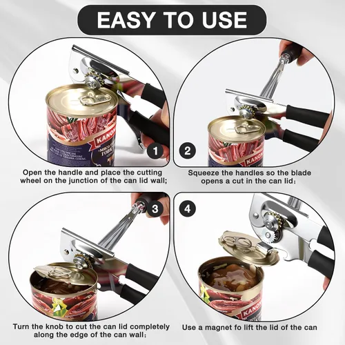Vista 4 de Abrelatas comercial manual resistente con imán Extra Long Handles,Ergonomic Design Large Handheld Open Easy for Big Cans,Home Kitchens,Seniors &